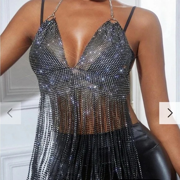 Handmade Bling Rhinestone Fishnet See Through Mesh Tassel Bra - Picture 11 of 12